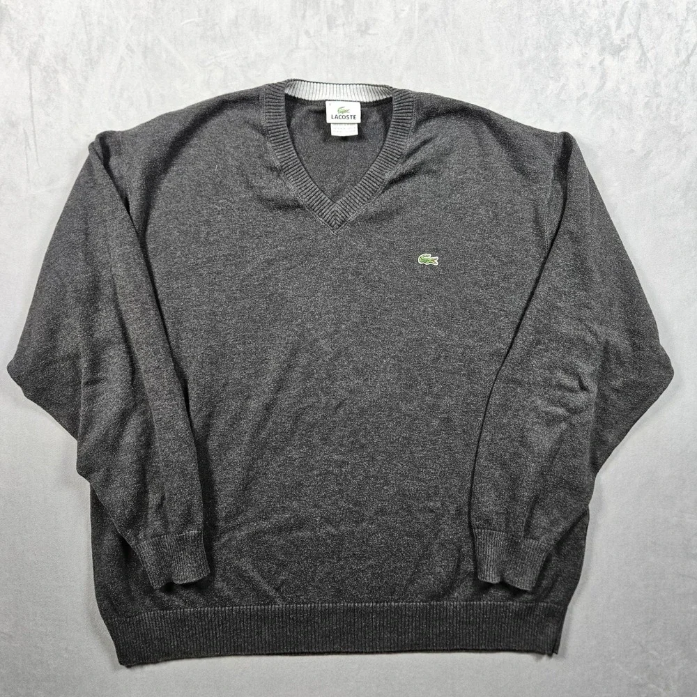 Lacoste Sweater Mens 8 (US 3XL) Gray V-Neck 100% Cotton Preppy‎ Quiet Luxury